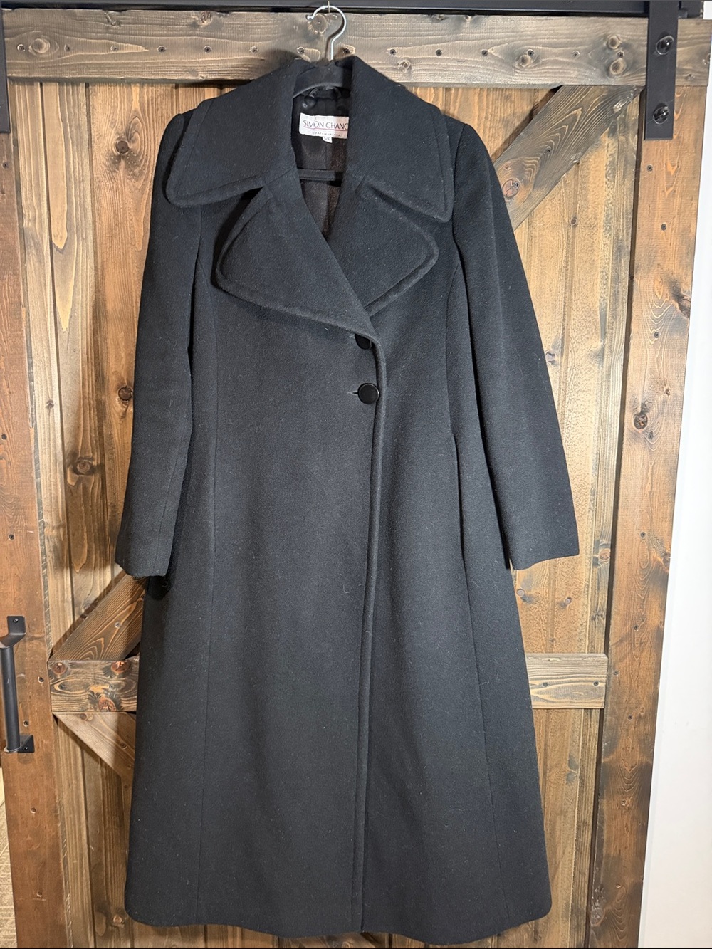 Vintage Simon Chang Black A-Line Wool Trench Coat with Wide Collar